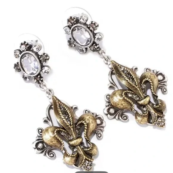 Elegant Silver and Gold Fleur-de-Lis Earrings - Picture 2 of 4